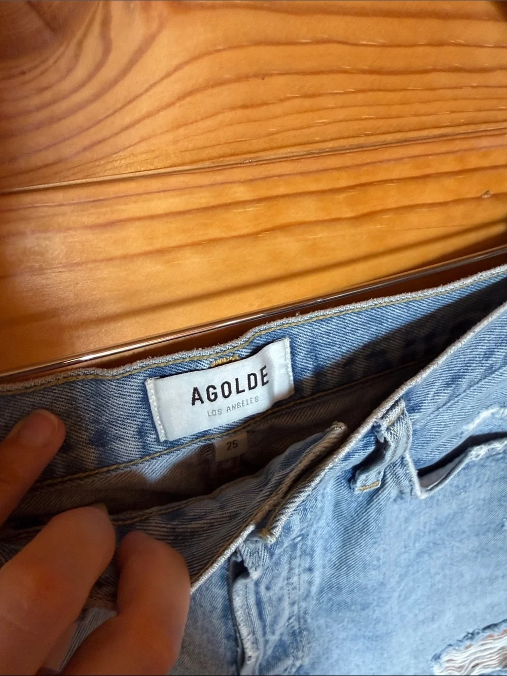 AGOLDE Parker long Light Blue Distressed High-Rise Denim Shorts swap meet in 25